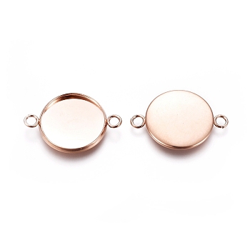 201 Stainless Steel Cabochon Connector Settings, Plain Edge Bezel Cups, Flat Round, Rose Gold, Tray: 16mm, 18x25x2mm, Hole: 2mm