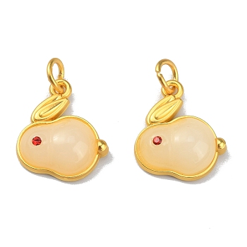 Rabbit Glass Charms, with Alloy Findings and Jump Ring, Imitation Hetian White Jade, Matte Gold Color, Misty Rose, 18x15x5mm, Hole: 4mm