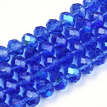 Electroplate Glass Beads Strands, Half Rainbow Plated, Faceted, Rondelle, Medium Blue, 10x8mm, Hole: 1mm, about 63~65pcs/strand, 19.2~20 inch(48~50cm)