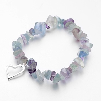 Alloy Charm Bracelets, Heart, with Natural Fluorite Chip Beads and Elastic Crystal Thread, Silver, 2-1/4 inch(55mm)