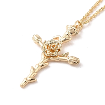 304 Stainless Steel Cross with Flower Pendant Necklaces for Women, Golden, 17.28 inch(43.9cm)