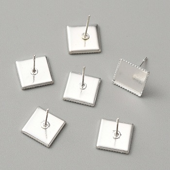 Brass Stud Earring Settings, Square, Platinum, 11x11x1.5mm, Pin: 0.8mm, Tray: 10.2x10.2mm