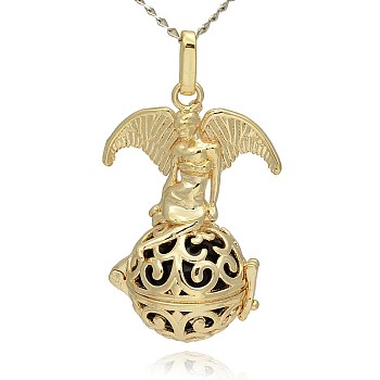 Golden Tone Brass Hollow Round Cage Pendants, with No Hole Spray Painted Brass Round Beads, Round with Angel, Black, 47x30x21mm, Hole: 3x8mm