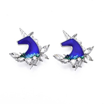 Unicorn Enamel Pin with Crystal Rhinestone, Animal Alloy Brooch for Backpack Clothes, Nickel Free & Lead Free, Platinum, Blue, 35x33mm