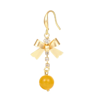 Natural Agate Dangle Earring, with Clear Cubic Zirconia and Brass Findings, Bowknot, Golden, 54mm, Pin: 1mm