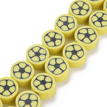 Handmade Polymer Clay Bead Strands, Flat Round with Football, Yellow, 8~9x4~5mm, Hole: 1.2~1.4mm, about 40~41pcs/strand, 13.62 inch~13.86 inch(34.6cm~35.2cm)