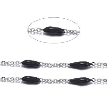 Handmade Enamel Beaded Chains, with Stainless Steel Curb Chains and Spool, Soldered, Stainless Steel Color, Black, 1.5x1x0.1mm, about 32.8 Feet(10m)/roll