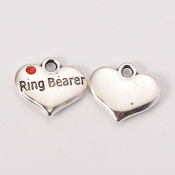 Wedding Theme Antique Silver Tone Tibetan Style Heart with Ring Bearer Rhinestone Charms, Cadmium Free & Lead Free, Hyacinth, 14x16x3mm, Hole: 2mm