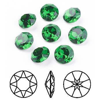 Pointed Back & Back Plated Glass Rhinestone Cabochons, Grade A, Faceted, Flat Round, Fern Green, 8x4.5mm