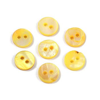 Freshwater Shell Buttons, 2-Hole, Flat Round, Yellow, 10x1.5~2mm, Hole: 1.7mm