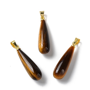 Natural Tiger Eye Teardrop Pendants, with Ion Plating(IP) Golden Plated Brass Findings, 26.5x7.5mm, Hole: 4.3x3.5mm