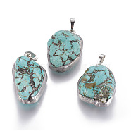 Turquoise Pendants, with Platinum Tone Brass Findings, Nuggets, 31~35.5x21~23.5x14~15mm, Hole: 8x5mm(G-L509-09P)