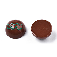Opaque Resin Enamel Cabochons, Half Round with Green Wave Pattern, Coconut Brown, 15x8mm(CRES-N031-024)