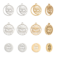 ARRICRAFT 12Pcs 6 Styles 304 Stainless Steel Pendants, Flat Round with Evil Eye Charm, Mixed Shapes, Platinum & Golden, 11.5~17x11.5~15x0.5~1mm, Hole: 1.4~1.5mm, 2pcs/style(STAS-AR0001-49)