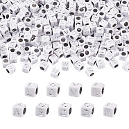 Plating Acrylic Beads, Metal Enlaced, Cube with Mixed Letters, White, 5.5~6x5.5~6x5.5~6mm, Hole: 3.5mm, 1000pcs(SACR-TA0001-07A)