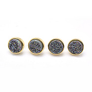 Electroplate Natural Druzy Quartz Crystal Stud Earrings, with Brass Findings, Lead Free & Cadmium Free, Long-Lasting Plated, Flat Round, Golden, Colorful, 12x6~8mm, Pin: 0.7mm(EJEW-I216-01G-RS)