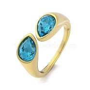 Ion Plating(IP) 304 Stainless Steel Rhinestone Teardrop Cuff Open for Women, Real 14K Gold Plated, Blue Zircon, Inner Diameter: 18mm(RJEW-N046-04D-G)