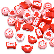 Handmade Polymer Clay Beads, Flat Round with Word Love & Heart, Mouth and Letter, Red, 5.5~9.5x9~11x4~5mm, Hole: 1.6mm(CLAY-N008-077-A01)