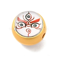 Alloy Enamel Beads, with Glass, Lead Free & Cadmium Free, Mette Gold Color, Round with Face Pattern, White, 12.5x11.4mm, Hole: 1.8mm(ENAM-K067-77MG-03)