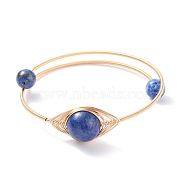 Natural Lapis Lazuli(Dyed) Round Beaded Bangle, Adjustable Copper Wire Torque Bangle for Women, Golden, Inner Diameter: 2 inch(5.2cm)(BJEW-JB07816-01)