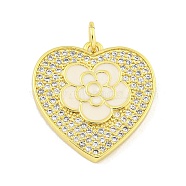 Rack Plating Heart with Flower Brass Micro Pave Clear Cubic Zirconia, with Enamel Pendants, Cadmium Free & Lead Free, Real 18K Gold Plated, Long-Lasting Plated, with Jump Ring, White, 20.3x19.7x2.3mm, Hole: 3.5mm(KK-Z053-23G-03)