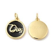 Real 16K Gold Plated Brass Enamel Pendants, with Jump Ring, Flat Round with Word Charms, Black, 15x13x2.5mm, Hole: 3.5mm(ZIRC-L103-058G)