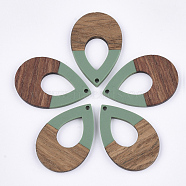 Resin & Walnut Wood Pendants, Teardrop, Medium Sea Green, 38x25.5x3mm, Hole: 2mm(X-RESI-S358-94C)