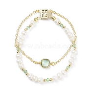 Natural Pearl & Glass Beaded Multi-strand Bracelet with Brass Cable Chains for Women, Golden, Light Green, 7-1/2 inch(19cm)(BJEW-TA00077-01)