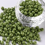 Baking Paint Glass Seed Beads, Olive Drab, 6/0, 4~5x3~4mm, Hole: 1~2mm, about 450pcs/50g, 50g/bag, 18bags/2pound(SEED-US0003-4mm-K9)