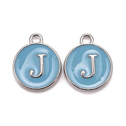 Platinum Plated Alloy Enamel Charms, Cadmium Free & Lead Free, Enamelled Sequins, Flat Round with Letter, Letter.J, 14x12x2mm, Hole: 1.5mm(X-ENAM-S118-04J-P)