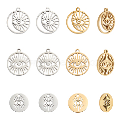 12Pcs 6 Styles 304 Stainless Steel Pendants, Flat Round with Evil Eye Charm, Mixed Shapes, Platinum & Golden, 11.5~17x11.5~15x0.5~1mm, Hole: 1.4~1.5mm, 2pcs/style(STAS-AR0001-49)