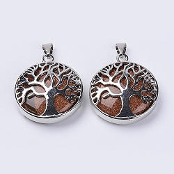 Synthetic Goldstone Pendants, with Platinum Plated Brass Findings, Flat Round with Tree of Life, 31x27x8mm, Hole: 3.5x7mm(G-P350-D04)