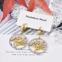 304 Stainless Steel ABS Imitation Pearl Hoop Earrings, Tree, Ion Plating(IP), Golden, 44x26mm(EJEW-M070-07G)