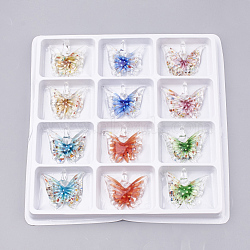 Handmade Lampwork Pendants, Inner Flower, Butterfly, Mixed Color, 37~42x41~46x13~15mm, Hole: 7mm, Box Size: 20x19.5x1.3cm, about 12pcs/box(LAMP-S189-06-B)
