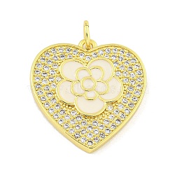 Rack Plating Heart with Flower Brass Micro Pave Clear Cubic Zirconia, with Enamel Pendants, Cadmium Free & Lead Free, Real 18K Gold Plated, Long-Lasting Plated, with Jump Ring, White, 20.3x19.7x2.3mm, Hole: 3.5mm(KK-Z053-23G-03)