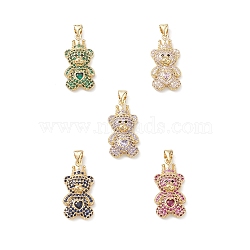 Brass Micro Pave Cubic Zirconia Pendants, Real 16K Gold Plated, Bear Charms, Mixed Color, 25x12.5x5mm, Hole: 5x3.5mm.(KK-M240-09)