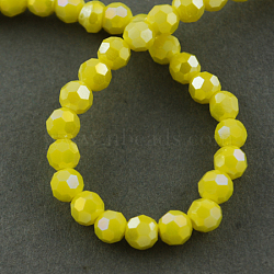 Electroplate Glass Beads Strands, AB Color Plated, Imitation Jade, Faceted, Round, Yellow, 6x5mm, Hole: 1mm, about 100pcs/strand, 21 inch(EGLA-R017-6mm-8)