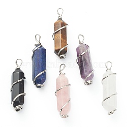 Natural Mixed Gemstone Wire Wrapped, with Platinum Brass Wire, Bullet, 54~60x15~17mm, Hole: 7×5mm(G-J392-02)