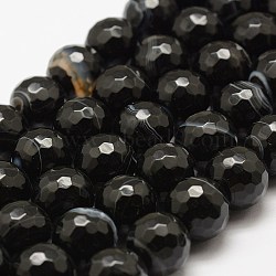 Faceted Natural Striped Agate/Banded Agate Beads Strands, Round, Dyed & Heated, Black, 6mm, Hole: 1mm, about 60pcs/strand, 14.76~14.96 inch(37.5~38cm)(X-G-F447-6mm-H05)