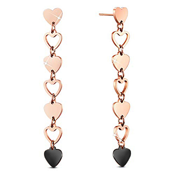 SHEGRACE Titanium Steel Dangle Stud Earrings, Heart, Rose Gold, 56.7mm, Heart: 6.7x7mm