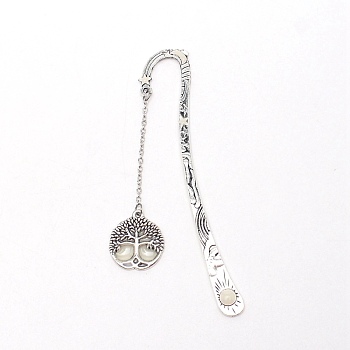 Luminous Zinc Alloy Bookmarks, Flat Round with Tree of Life, Antique Silver, 123mm