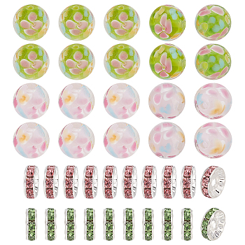 DIY Flower Beads Jewelry Making Finding Kits, Including Round Lampwork & Brass Pave Rhinestone Spacer Beads, Mixed Color, 12mm, Hole: 1.8mm,