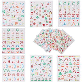 7 Sheets 7 Styles PET Christmas Nail Art Stickers, Self-Adhesive Nail Design Art, for Nail Toenails Tips Decorations, Mixed Shapes, Mixed Patterns, Sticker: 3.5~17x3~27.5mm, 1 sheet/style