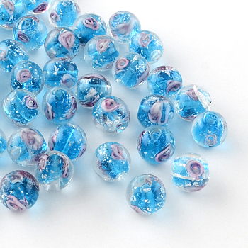 Handmade Luminous Inner Flower Lampwork Beads, Round, Deep Sky Blue, 12mm, Hole: 2mm