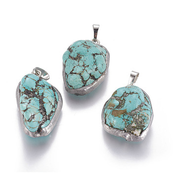 Turquoise Pendants, with Platinum Tone Brass Findings, Nuggets, 31~35.5x21~23.5x14~15mm, Hole: 8x5mm