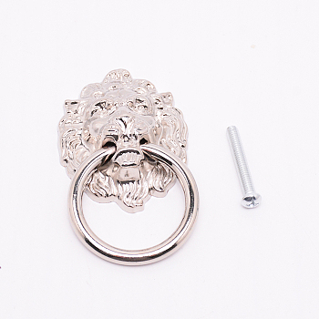 Zinc Alloy Box Handles, with Iron Screws, For Jewelry Box Decoration, Lion's Head Shape, Platinum, 66x39.5x13.5mm