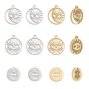12Pcs 6 Styles 304 Stainless Steel Pendants, Flat Round with Evil Eye Charm, Mixed Shapes, Platinum & Golden, 11.5~17x11.5~15x0.5~1mm, Hole: 1.4~1.5mm, 2pcs/style