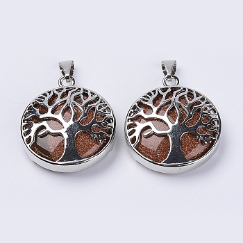 Synthetic Goldstone Pendants, with Platinum Plated Brass Findings, Flat Round with Tree of Life, 31x27x8mm, Hole: 3.5x7mm
