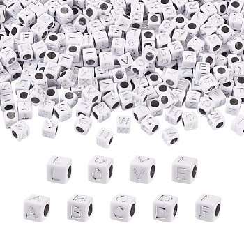 Plating Acrylic Beads, Metal Enlaced, Cube with Mixed Letters, White, 5.5~6x5.5~6x5.5~6mm, Hole: 3.5mm, 1000pcs