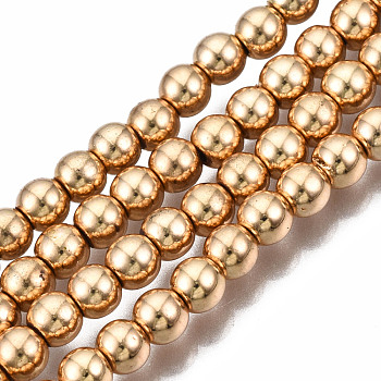 Electroplate Non-magnetic Synthetic Hematite Bead Strands, Round, Light Gold Plated, 4mm, Hole: 1~1.5mm, about 92~95pcs/strand, 15.7 inch